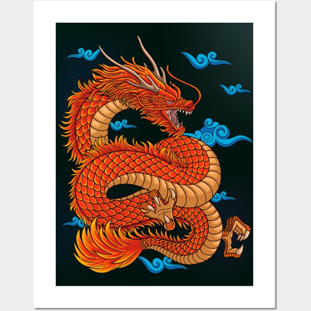 Japanese red dragon with oriental clouds Wall Art by Ardiyan nugrahanta